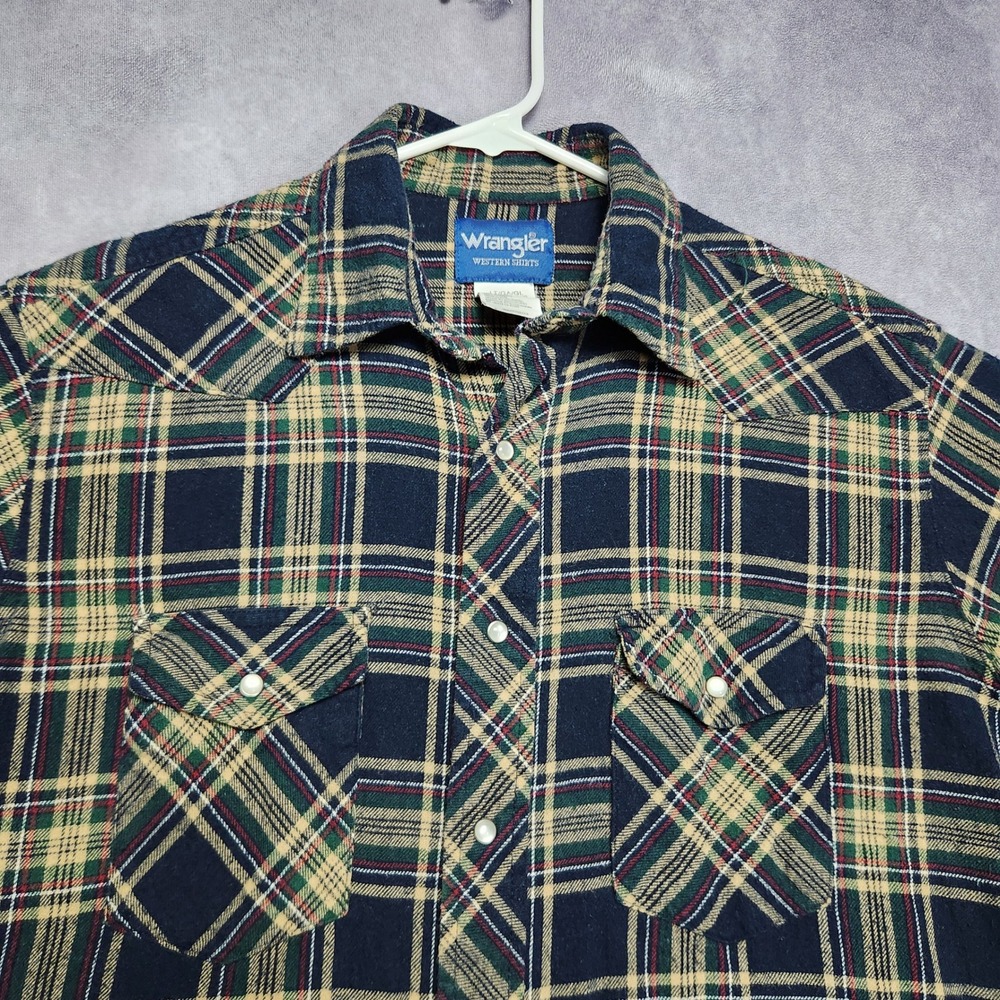 Wrangler Western Flannel Pearl Snap Shirt Mens Large Tall Plaid MW10591 Navy